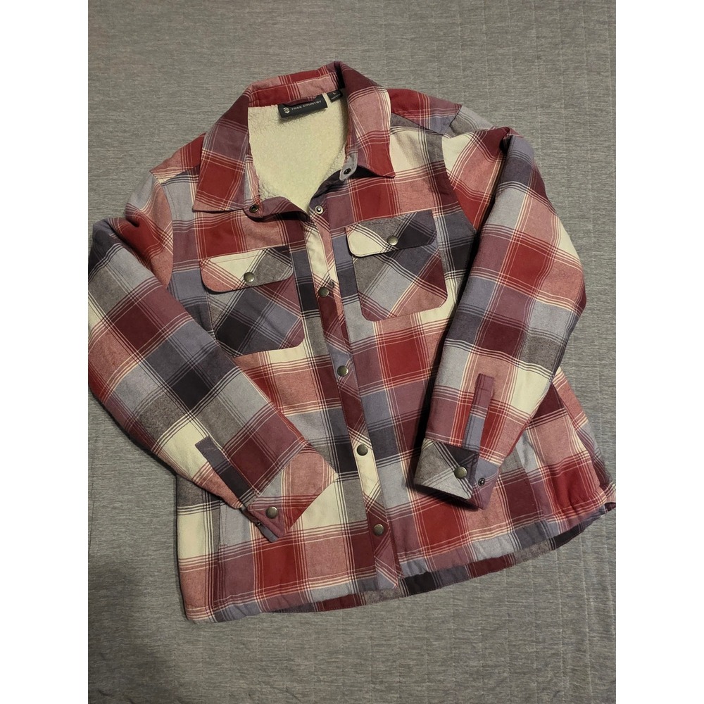 1364 Free Country Wom Red Plaid Sherpa Lined Flannel Shirt Jacket Lg Snap Front